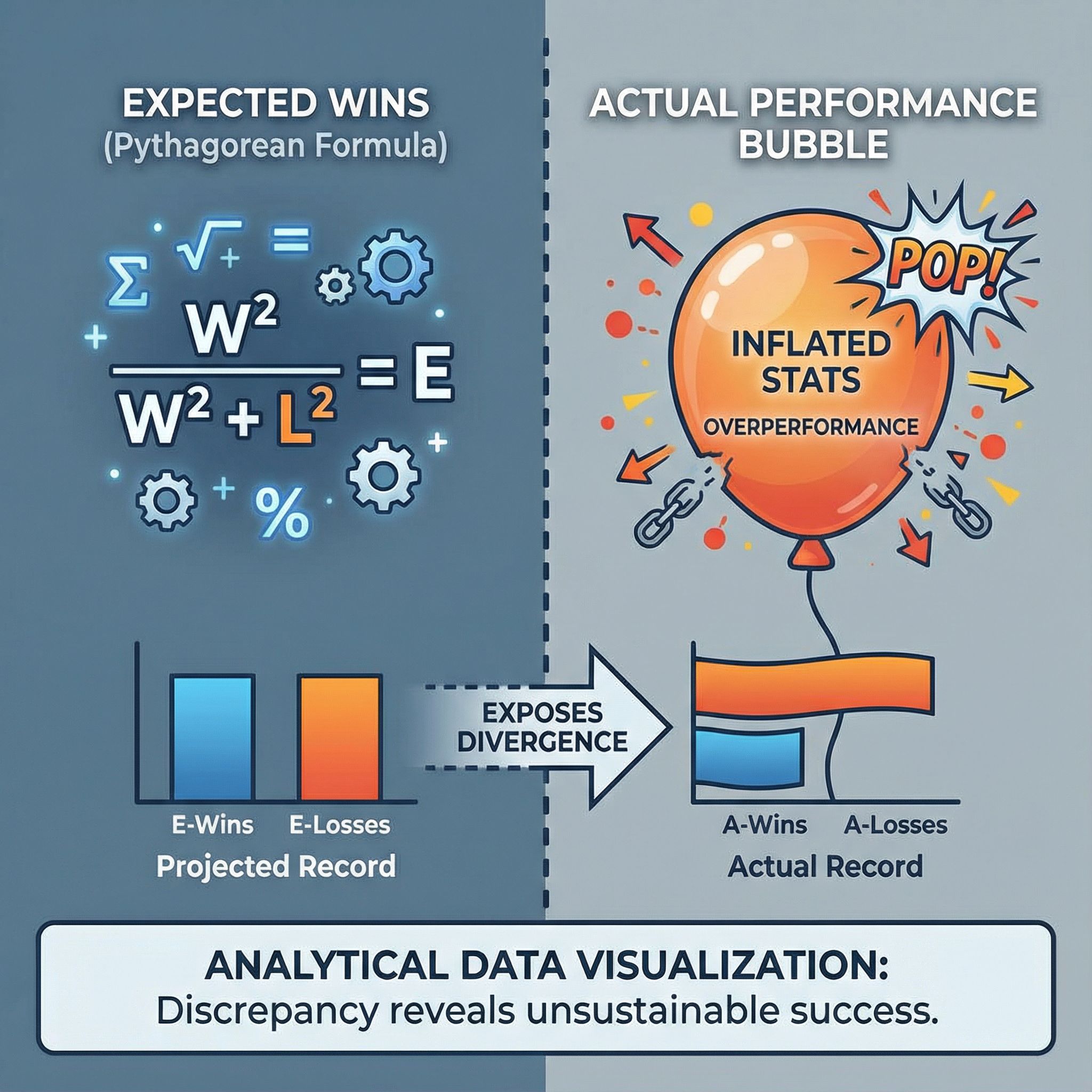 좌우 분할 화면에 기대승과 실제승 그래프, 큰 풍선형 통계가 터지며 수식 기호가 보이는 모습이다