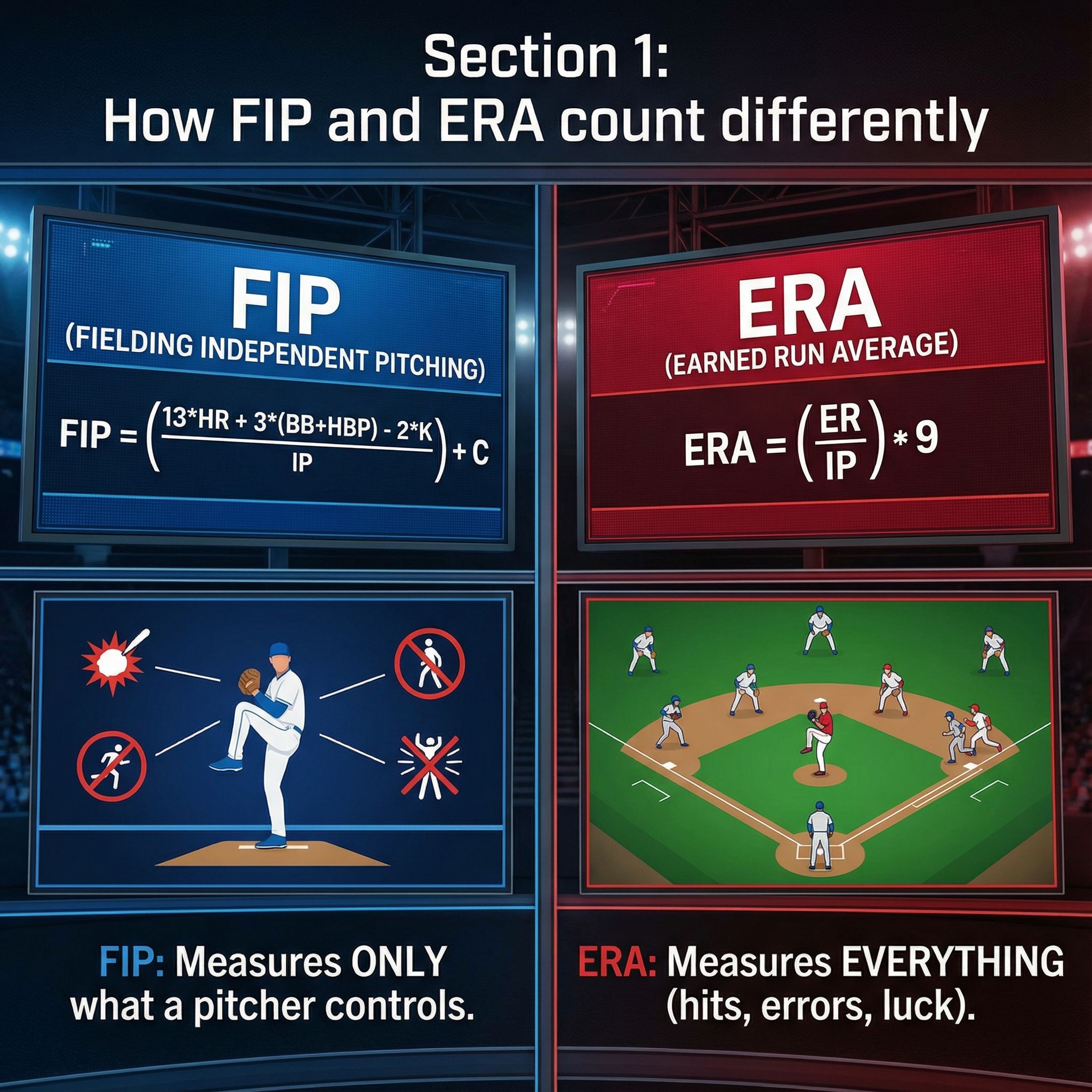 파란 배경 타이틀 카드에 좌우 분할 점수판, FIP·ERA 수식과 결과 비교 텍스트가 배치된 모습이다