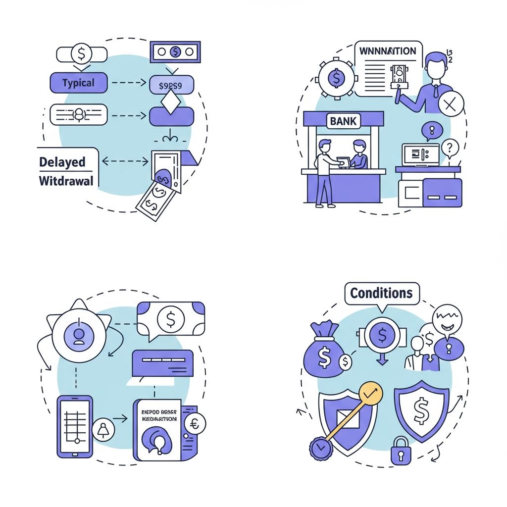 잠금 아이콘과 지연 표시가 붙은 지갑과 그래프가 반복 등장하며 접근 제한과 느린 처리 과정을 설명하는 일러스트 모습