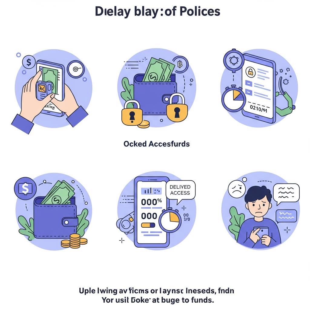 출금 지연 흐름도와 은행 창구 장면, 조건과 보안 요소가 함께 배치되어 복잡한 절차를 보여주는 구성