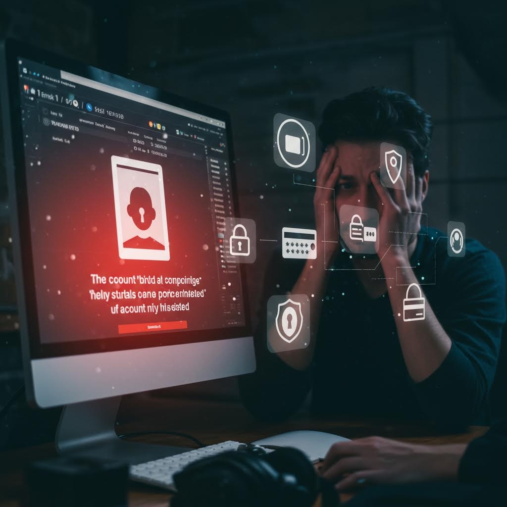 경고 아이콘과 잠금 표시가 떠 있는 컴퓨터 화면을 보며 충격과 불안을 드러내는 남성이 어두운 공간에서 정보를 확인하는 모습