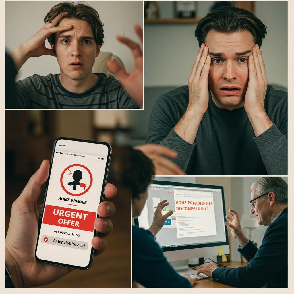 불안한 표정을 짓는 남성과 경고 메시지가 나타난 화면이 겹쳐 보이며 위협적 분위기를 드러내는 순간