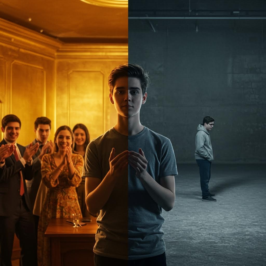 밝은 공간의 사람들과 어두운 공간의 소년이 반으로 나뉜 화면 속에서 극명한 대비를 이루는 모습