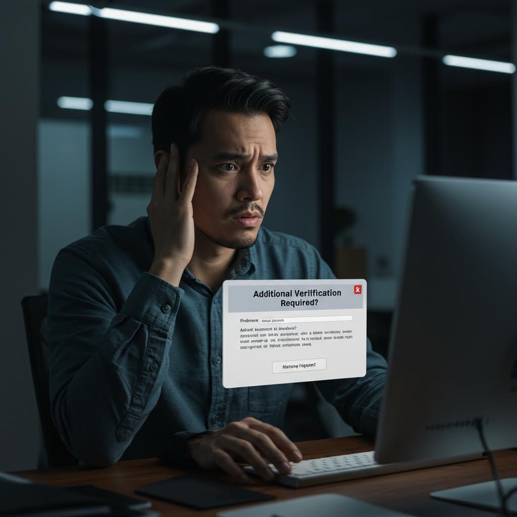 화면에 추가 인증 요구 창이 뜬 컴퓨터를 바라보며 당황한 표정으로 문제를 확인하는 남성의 모습