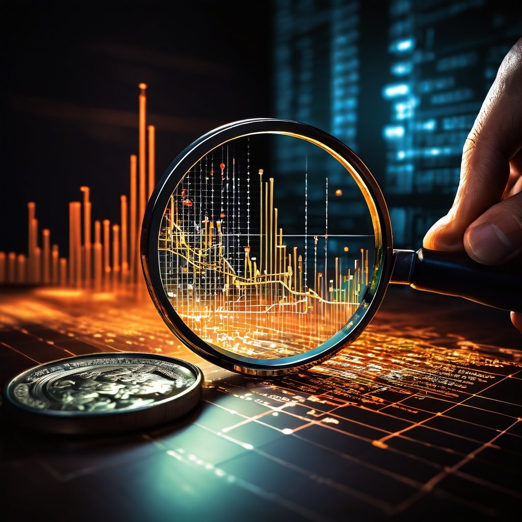 돋보기로 네트워크 수수료 데이터의 이상 징후를 분석해 숨겨진 금융 범죄를 찾아내는 과정을 보여주는 이미지.