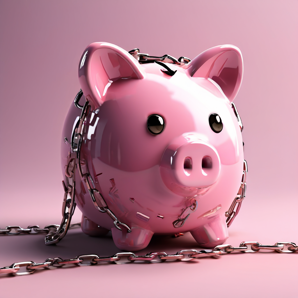 기업의 재정난을 상징하는 금이 간 돼지 저금통과 함께, 갑작스러운 이용 약관 변경으로 사용자를 옭아매는 제한적인 정책에 실망하는 고객들을 묘사하는 그림.