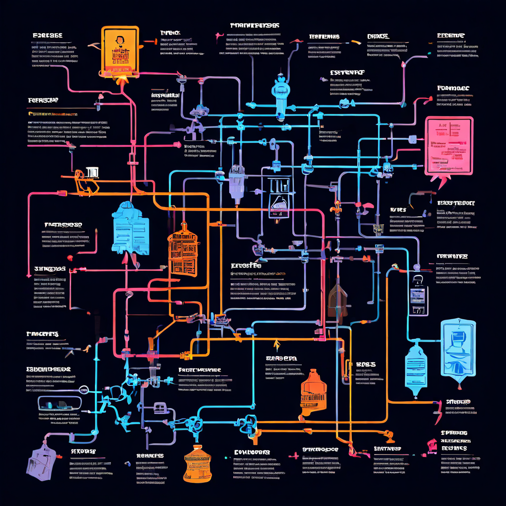 잘못된 거래 내역 제출 프로세스의 병목 현상과 문제점을 보여주는 복잡하게 얽힌 순서도.