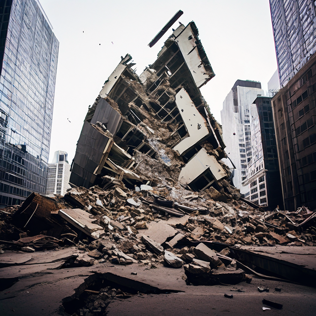 기초의 균열에서 시작된 붕괴가 금융 시스템의 치명적 취약점을 보여주는 이미지.