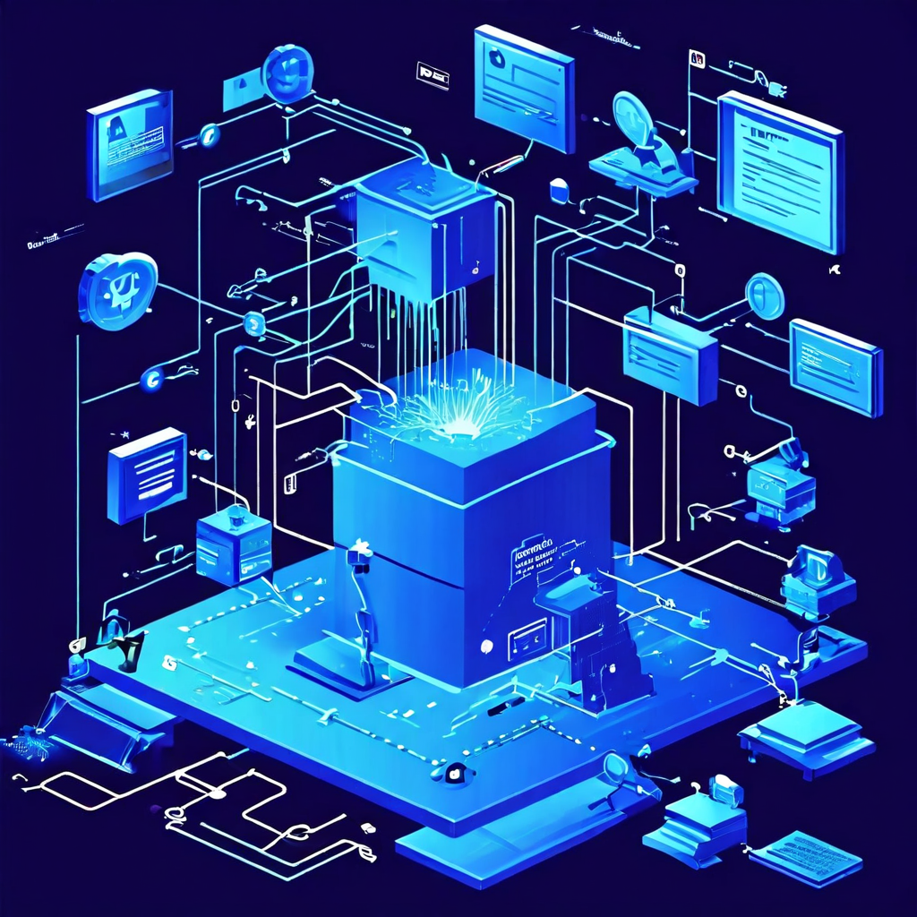 중앙의 큐브 장치에서 빛이 분출되며 주변 모듈과 선들이 연결된 데이터 처리 구조의 장면