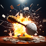 탈중앙화 네트워크와 규제 의사봉이 충돌하며 부서지는 것을 보여주는 이미지.