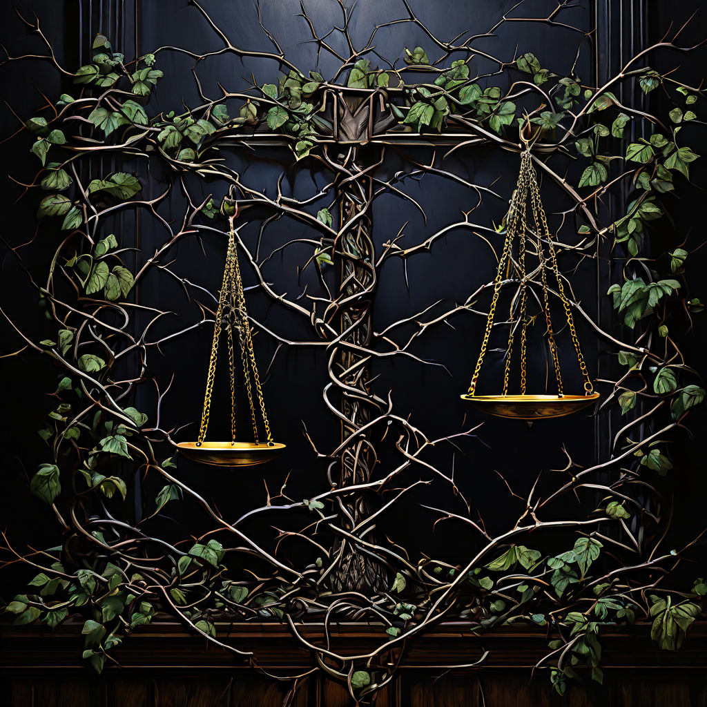 가시덩굴에 얽힌 정의의 저울로 광범위한 피해에 맞서는 법적 투쟁을 보여주는 그림.