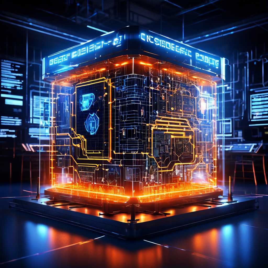 에너지 쉴드를 갖춘 차세대 사이버 보안 시스템의 디지털 설계도를 정밀하게 기술 검증하며, 복잡한 네트워크 방어 체계를 구축하는 과정을 보여주는 이미지.