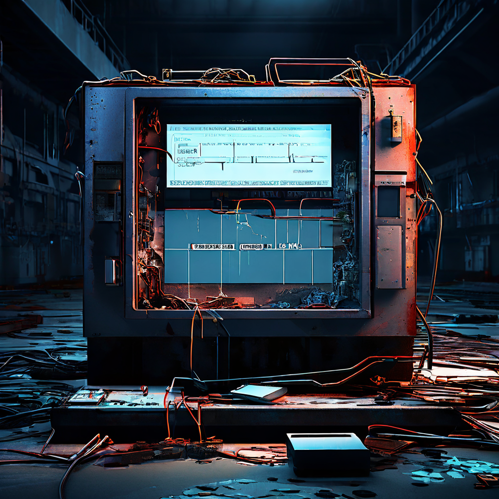 서비스 지연 알림으로 인해 세련된 디지털 화면이 깨지면서, 그 아래로 복잡하고 고장 난 내부 시스템이 드러나 플랫폼의 심각한 기술적 문제를 상징적으로 보여주는 그림.