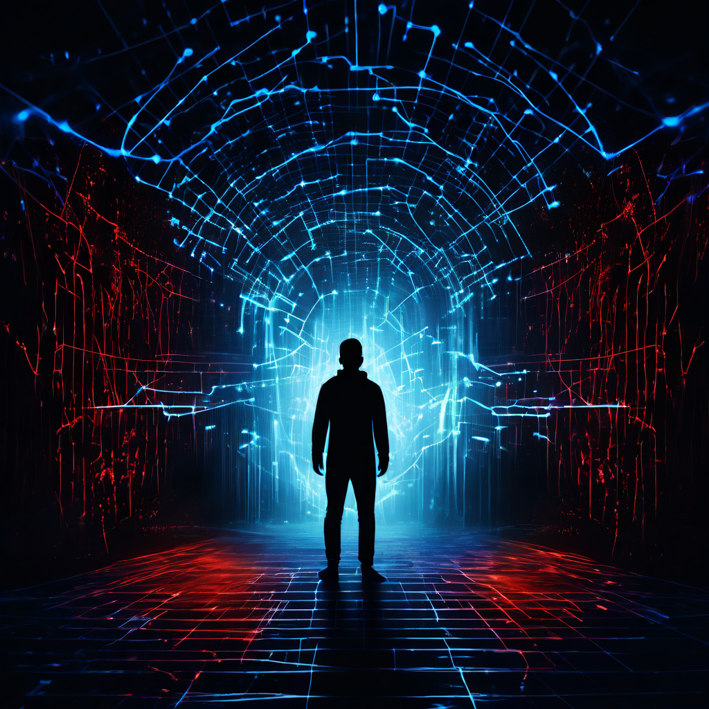 개인정보 유출로 인해 한 사람의 데이터가 위험한 웹으로 흘러 들어가, 심각한 2차 피해의 연쇄 반응을 일으키는 시작점을 상징적으로 보여주는 이미지입니다.