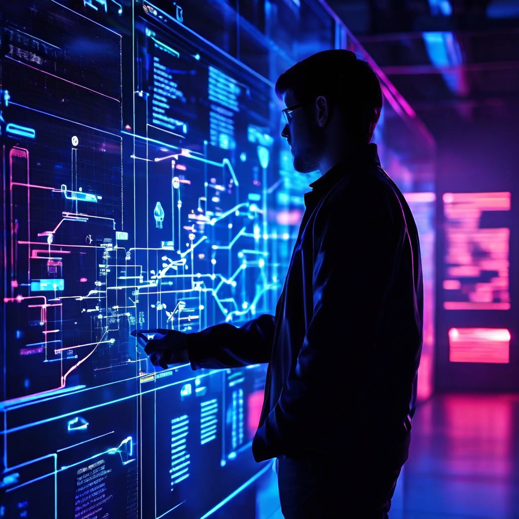 사용자 관점에서 기술 플로우차트의 주요 체크포인트를 검토하며 솔루션을 진단하는 과정을 홀로그램 인터페이스로 시각화하여 보여주는 이미지.