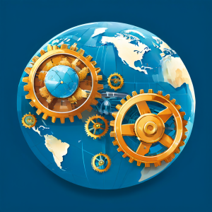 글로벌 결제와 각국 통화를 상징하는 톱니바퀴가 맞물리며 상호작용이 시작되는 모습.