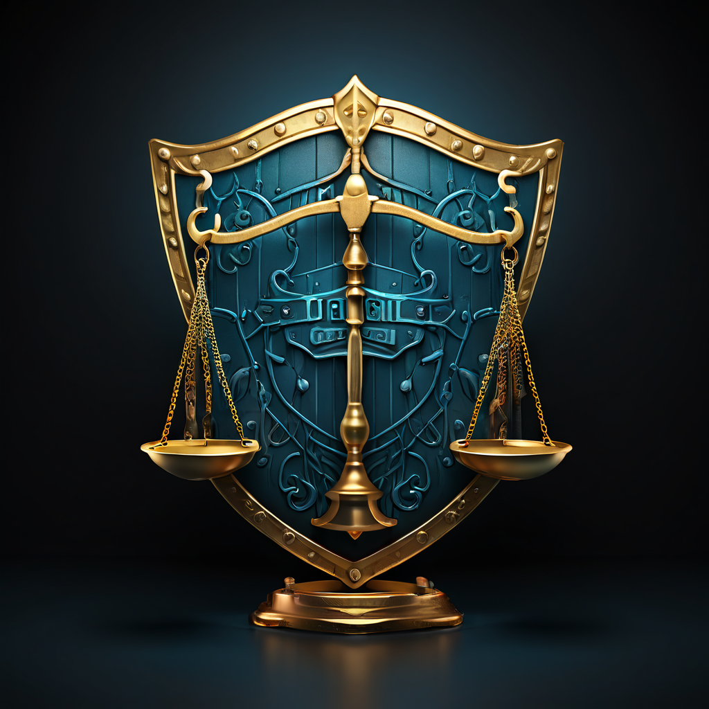 정의의 저울이 안전한 플랫폼을 상징하는 방패와 피싱 스캠을 의미하는 낚싯바늘의 무게를 재며, 두 가지를 명확하게 구별하는 기준을 시각적으로 보여주는 이미지.