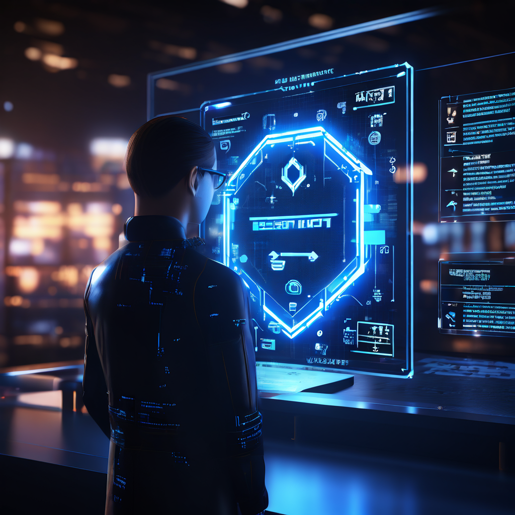사이버 보안 기술을 통해 시스템의 진위 여부를 확인하는 과정을 보여주는 이미지. 미래형 인터페이스 화면에 코드와 함께 정품 인증이 완료되었음을 알리는 방패와 체크 표시가 나타납니다.