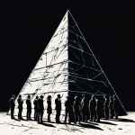 보이지 않는 세력의 조종으로 위태롭게 쌓인 인간 피라미드가 무너지는 모습을 통해, 온라인 집단 심리의 구조적 취약성과 위험성을 상징하는 이미지.