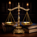 정의의 저울 한쪽에는 VIP 고객을 상징하는 황금 엠블럼이, 다른 쪽에는 법전이 놓여 고객 등급제 운영의 공정성과 법적 규제의 중요성을 보여주는 이미지.