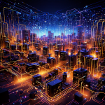 디지털 회로와 코드로 이루어진 기술 기반에서 바이럴처럼 네트워크가 확산되고, 체계적인 인적 조직으로 성장하는 과정을 시각적으로 묘사한 이미지.