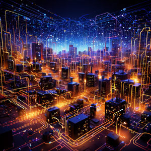 디지털 회로와 코드로 이루어진 기술 기반에서 바이럴처럼 네트워크가 확산되고, 체계적인 인적 조직으로 성장하는 과정을 시각적으로 묘사한 이미지.