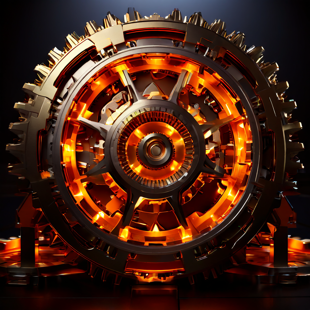 핵심 통합 관리 솔루션을 상징하는 중앙의 빛나는 기어가 복잡하게 얽힌 여러 시스템을 조화롭게 구동하여 안정적인 비즈니스 운영 효율화를 달성하는 과정을 보여주는 이미지.