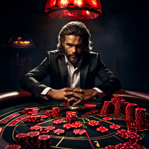 룰렛 게임에서 빨간색이 연달아 나오자 다음엔 검은색이 나올 것이라 확신하며 모든 칩을 거는 도박사의 모습으로, 도박사의 오류라는 인지적 착각을 설명하는 그림.