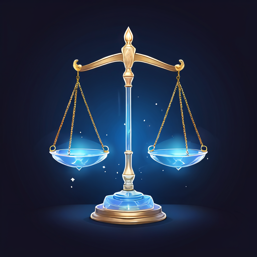 투명한 규제 원칙의 중요성을 보여주는 이미지로, 정의의 저울이 빛나는 표준 가이드라인 책과 맑은 의사봉의 무게를 동등하게 유지하며 공정한 균형을 이룹니다.