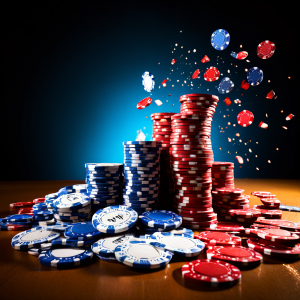 마틴게일 베팅 시스템의 기하급수적 성장을 상징하는 포커 칩 그래프가 테이블 한도라는 현실적 한계에 부딪혀 산산조각나는 모습을 통해 시스템의 위험성을 보여주는 이미지.