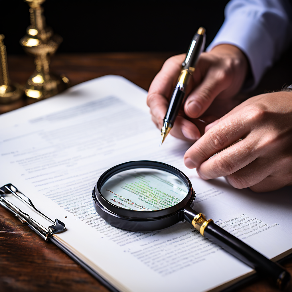 전문가가 서비스 수준 협약(SLA) 계약서의 핵심 조항과 의무 사항을 돋보기로 꼼꼼하게 검토하는 모습을 보여주는 이미지