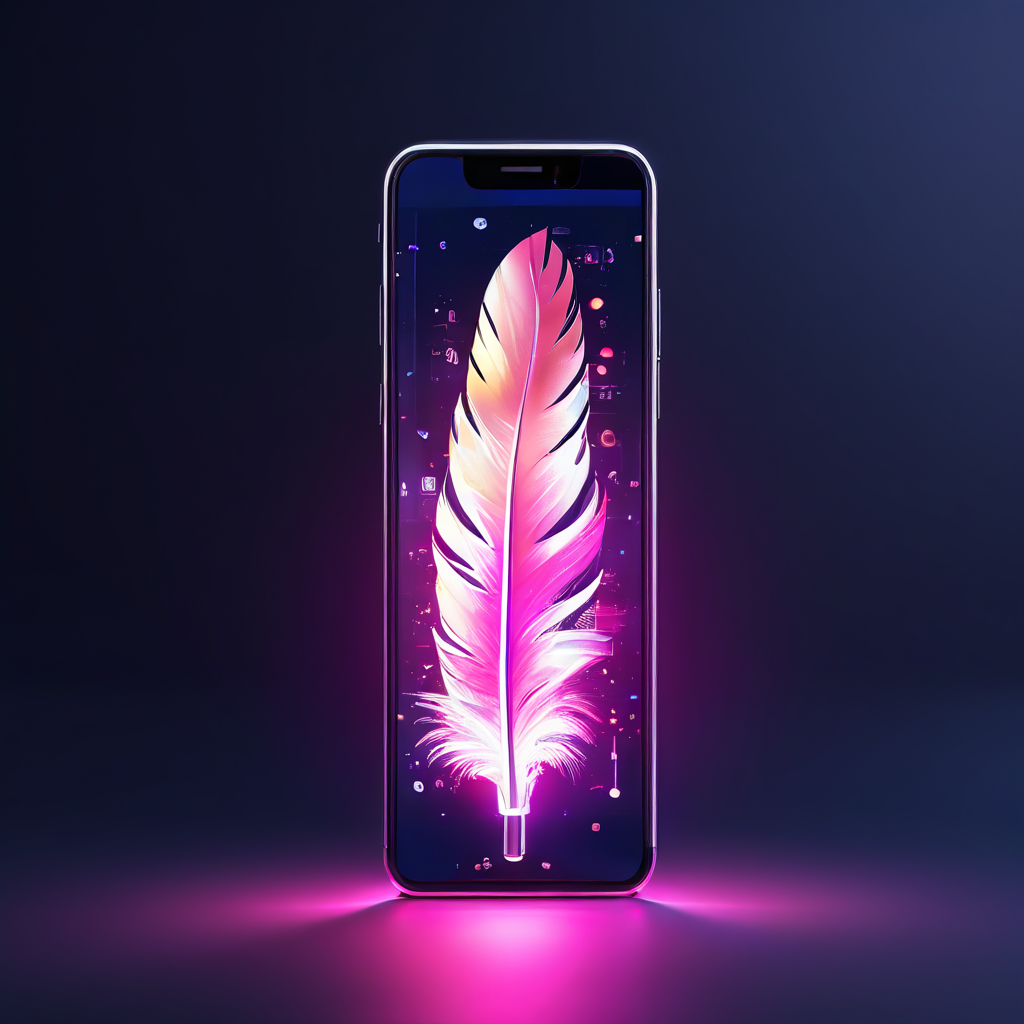 혁신적인 기술이 담긴 깃털처럼 가벼운 모듈이 스마트폰 성능을 극대화하며 새로운 모바일 최적화 시대를 여는 것을 상징적으로 보여주는 그림.