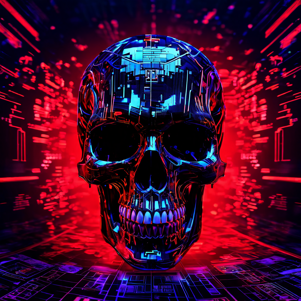 라이브 카지노의 시스템 오류로 인해 손상된 데이터 속에서 디지털 해골이 나타나, 숨겨진 보안 위험과 조작 가능성을 경고하는 이미지.