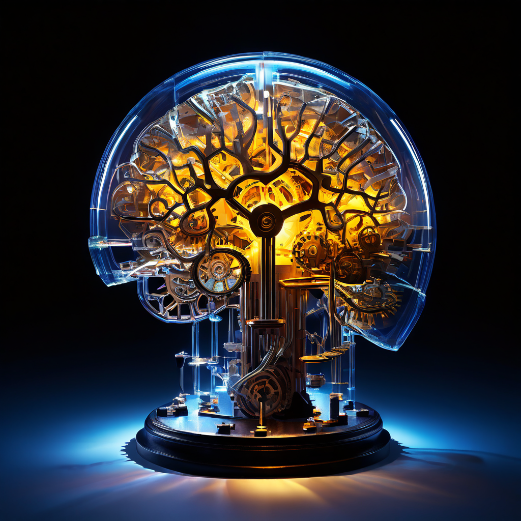 이성적인 사고를 상징하는 톱니바퀴 뇌가 복잡하게 얽힌 인지 오류의 사슬을 끊어내고 문제 해결을 위한 명확한 길을 제시하는 개념을 설명하는 그림.