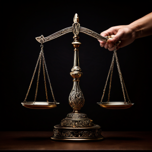 정의의 저울 위에서 완벽한 균형을 이룬 채 카드를 섞는 손을 통해 공정한 셔플 방식의 중요성을 상징적으로 보여주는 이미지.