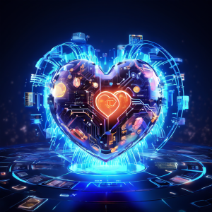 글로벌 디지털 네트워크의 중심에 위치한 기술 심장이 전 세계로 다양한 통화 기호를 전송하며 핀테크 플랫폼의 핵심 동력이 되는 모습을 묘사하는 그림.