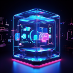 미래 기술이 접목된 라이브 게임쇼에서 투명한 게임기 위 홀로그램 체크마크가 공정한 결과와 신뢰할 수 있는 검증 과정을 시각적으로 증명하는 새로운 신뢰 패러다임을 설명하는 그림.