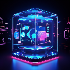 미래 기술이 접목된 라이브 게임쇼에서 투명한 게임기 위 홀로그램 체크마크가 공정한 결과와 신뢰할 수 있는 검증 과정을 시각적으로 증명하는 새로운 신뢰 패러다임을 설명하는 그림.