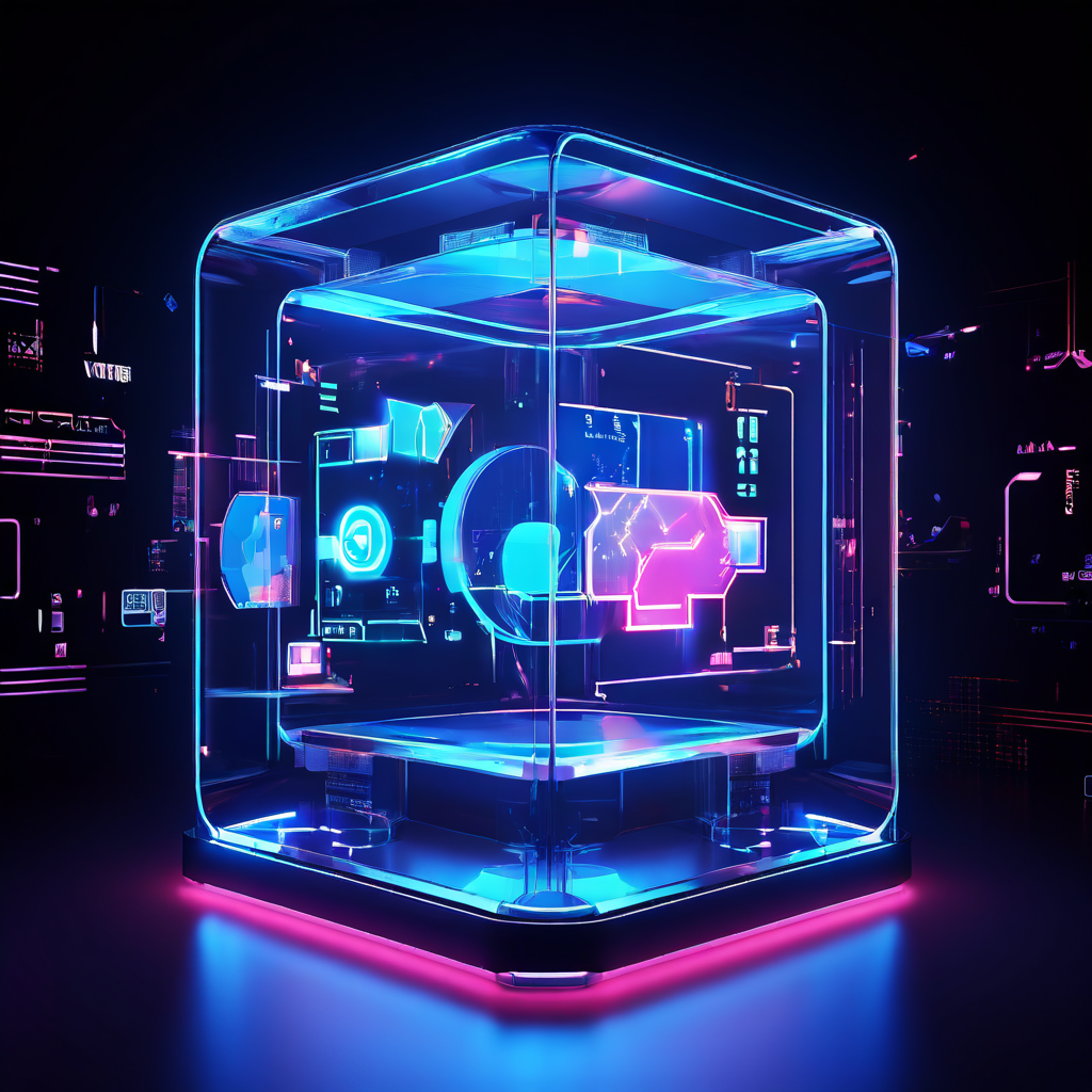 미래 기술이 접목된 라이브 게임쇼에서 투명한 게임기 위 홀로그램 체크마크가 공정한 결과와 신뢰할 수 있는 검증 과정을 시각적으로 증명하는 새로운 신뢰 패러다임을 설명하는 그림.