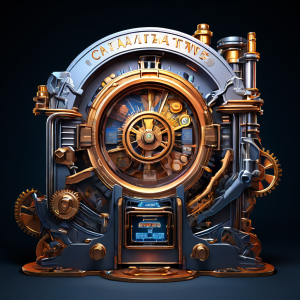 슬롯머신의 내부 보상 시스템을 3D로 시각화한 다이어그램으로, 코인이 기어와 레버를 거쳐 '보장된 당첨금'이라 표시된 투명 금고로 흘러가는 과정을 보여줍니다.