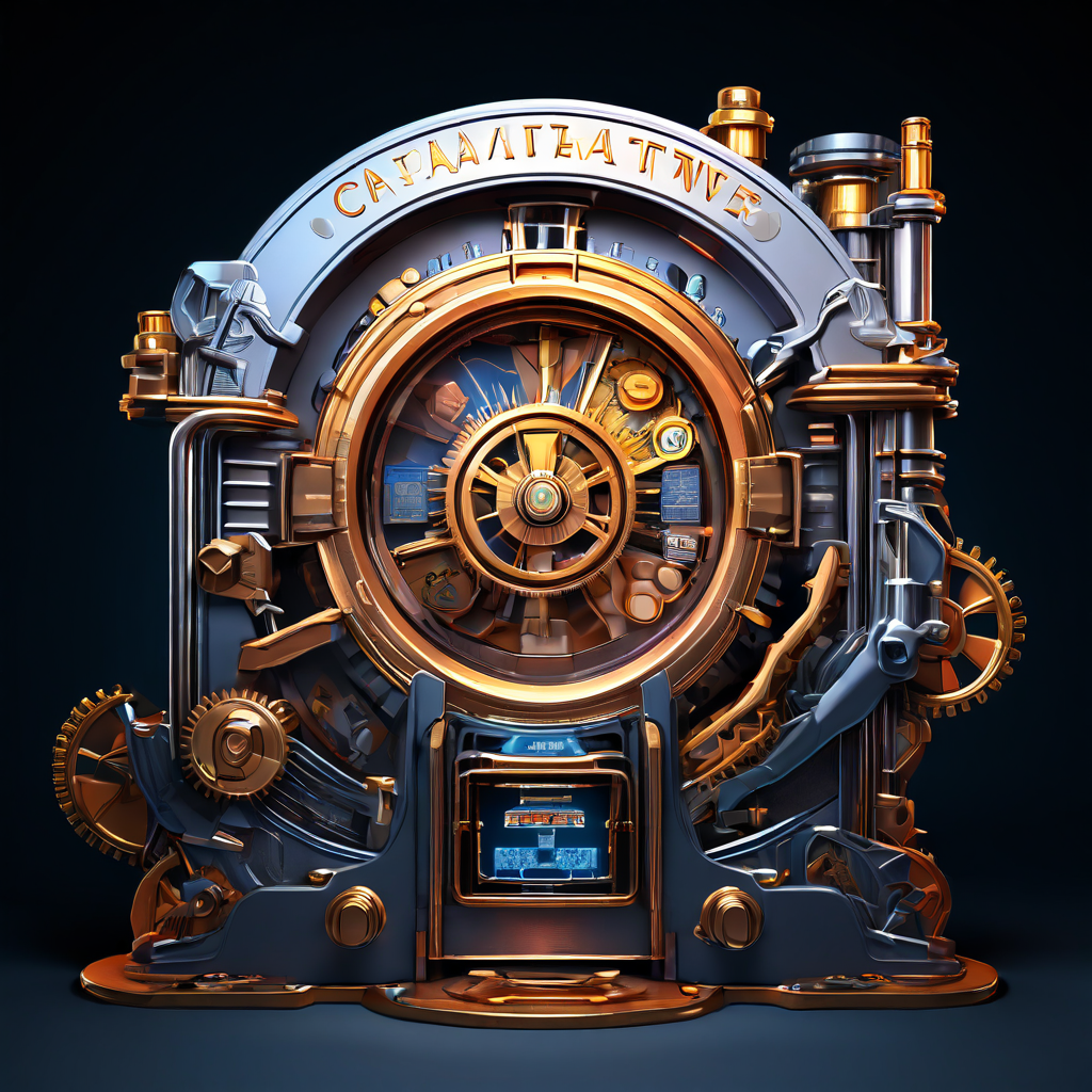 슬롯머신의 내부 보상 시스템을 3D로 시각화한 다이어그램으로, 코인이 기어와 레버를 거쳐 '보장된 당첨금'이라 표시된 투명 금고로 흘러가는 과정을 보여줍니다.