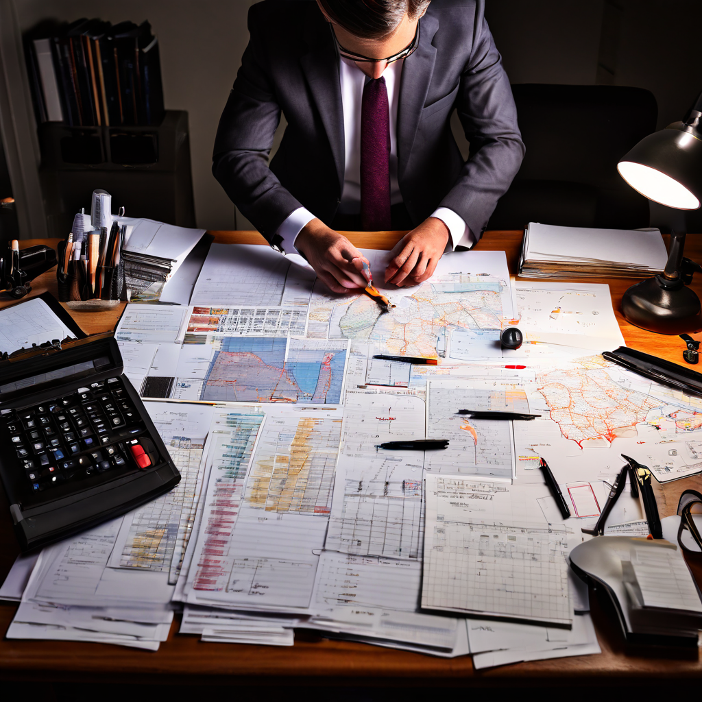 전문가의 손이 대형 테이블 위에서 증거 문서, 차트, 사진을 체계적으로 정리하고 라벨을 부착하며 사건 분석을 준비하는 모습을 담은 이미지입니다.