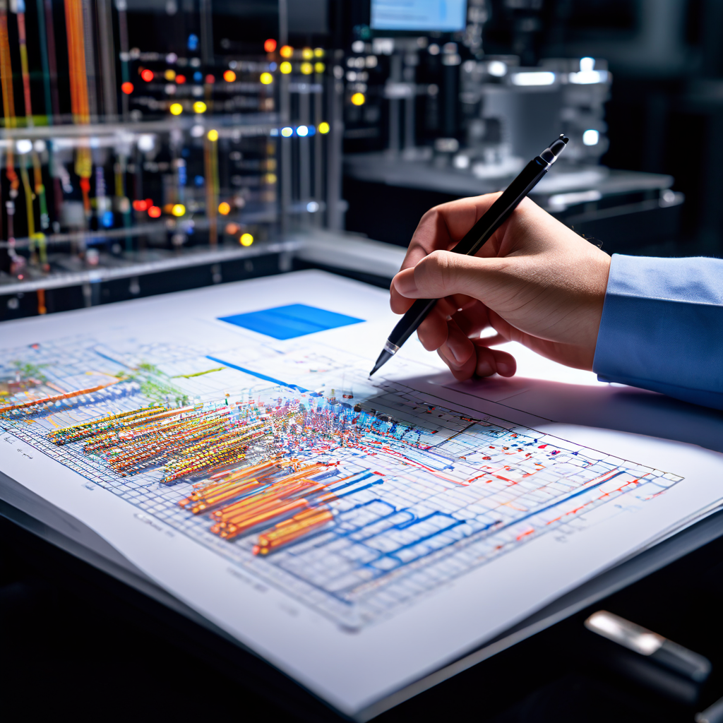 분석 장비가 가동되는 복잡한 실험실 환경에서 연구자가 데이터를 관찰하며 핵심 내용을 노트에 기록하고 있는 모습을 클로즈업으로 담은 이미지입니다.