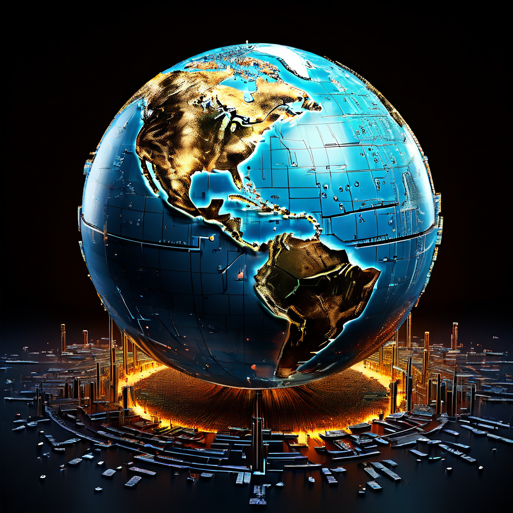 갈라진 지구본의 균열에서 이진 코드와 법정 소송용 망치가 뿜어져 나오는 모습으로, 현대 분쟁의 기술적 쟁점과 법적 근본 원인을 상징적으로 표현한 컨셉 이미지입니다.