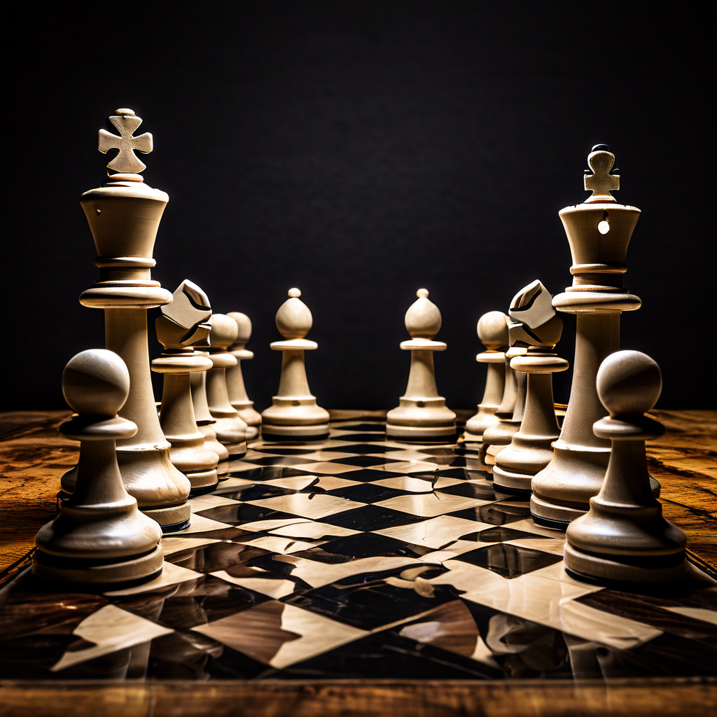 체스판이 반으로 갈라져 한쪽은 항복한 말들이 흩어져 있고 다른 쪽은 남은 군대로 새로운 전략적 진형이 구축되는 모습을 상징적으로 표현한 이미지입니다.