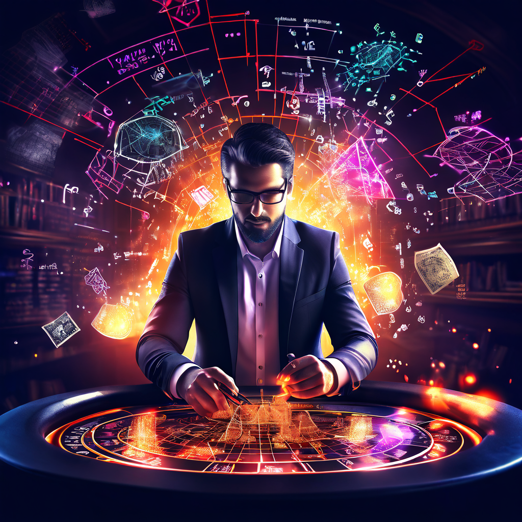 도박꾼이 공중에 떠 있는 복잡한 베팅 시스템 다이어그램과 빛나는 사이드 베트, 수학 공식을 집중적으로 분석하며 확률을 계산하는 모습을 묘사한 일러스트입니다.