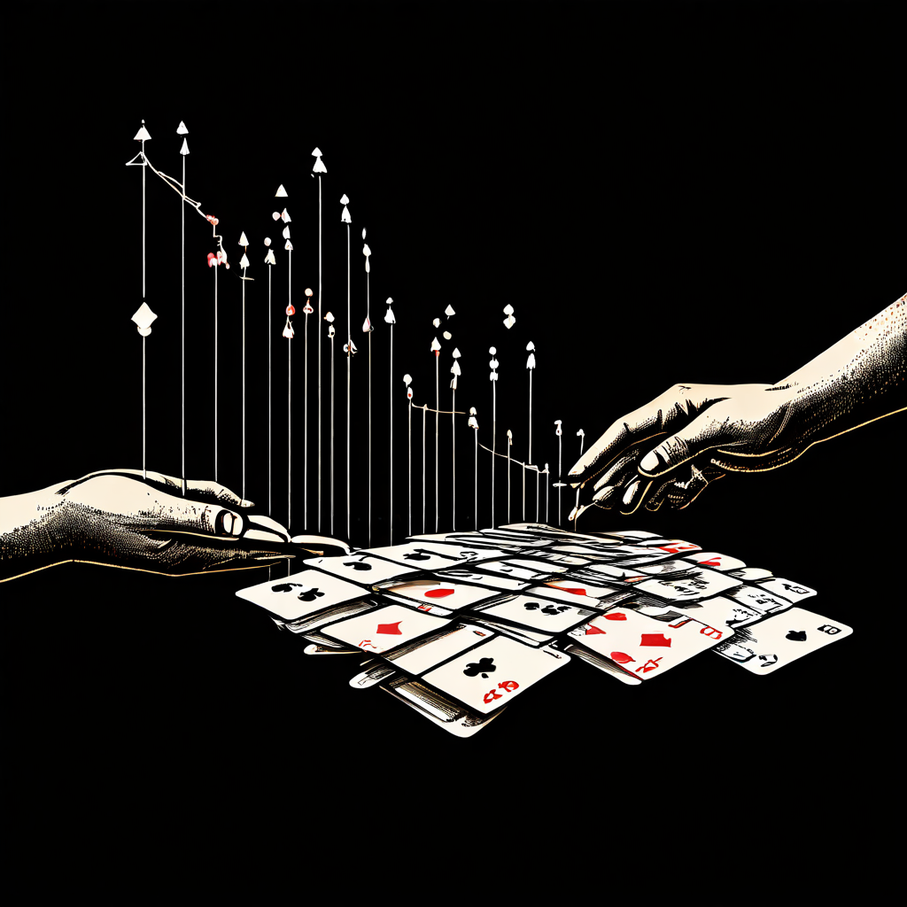 카드를 섞을수록 이전 패와의 상관관계가 점점 줄어드는 개념을 화살표와 흐릿해지는 선으로 시각화한 통계적 독립성 설명 도표입니다.