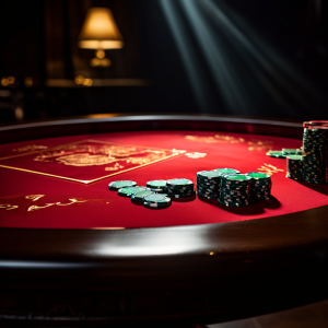 바카라 테이블의 초점에서, 어둠 속 그림자진 녹색 펠트 위에 홀로 놓인 사이드 베팅 칩이 은은하고 매혹적인 빛을 발산하는 장면을 담은 이미지입니다.