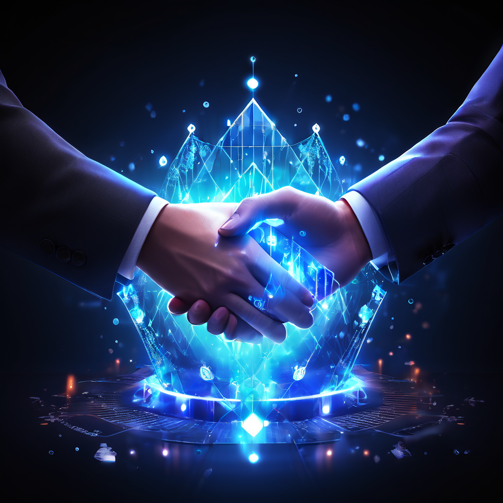 B2B 파트너십의 성과와 프리미엄 가치를 상징하는 반짝이는 다이아몬드 위에서 이루어지는 세련된 악수와 차트, 기어로 구성된 왕관을 표현한 이미지입니다.