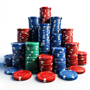 카지노 칩이 게임별 최소 및 최대 배팅 범위를 나타내는 단계로 쌓여 있으며, 각 단계는 룰렛이나 블랙잭과 같은 게임명으로 표시된 개념도입니다.